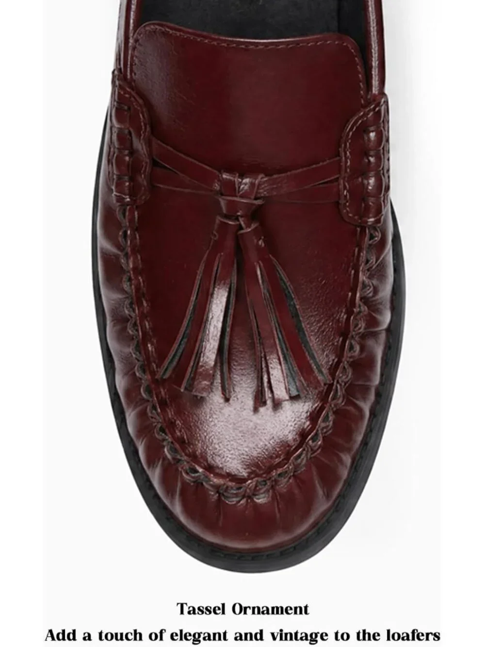 Women's Burgundy Faux Leather Comfortable Tassel Slip On Flats Closed Toe Shoes